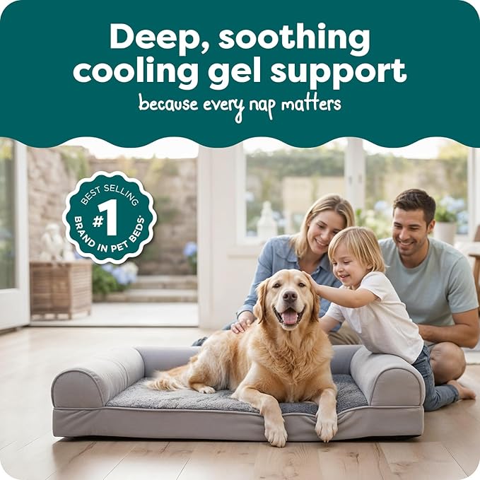 FurHaven Orthopedic Dog Bed for Large Dogs, Sofa-Style with Cooling Gel topper with orthopedic memory foam base for Joint Support, Removable Washable Cover, Jumbo/XL, Plush & Suede, Gray