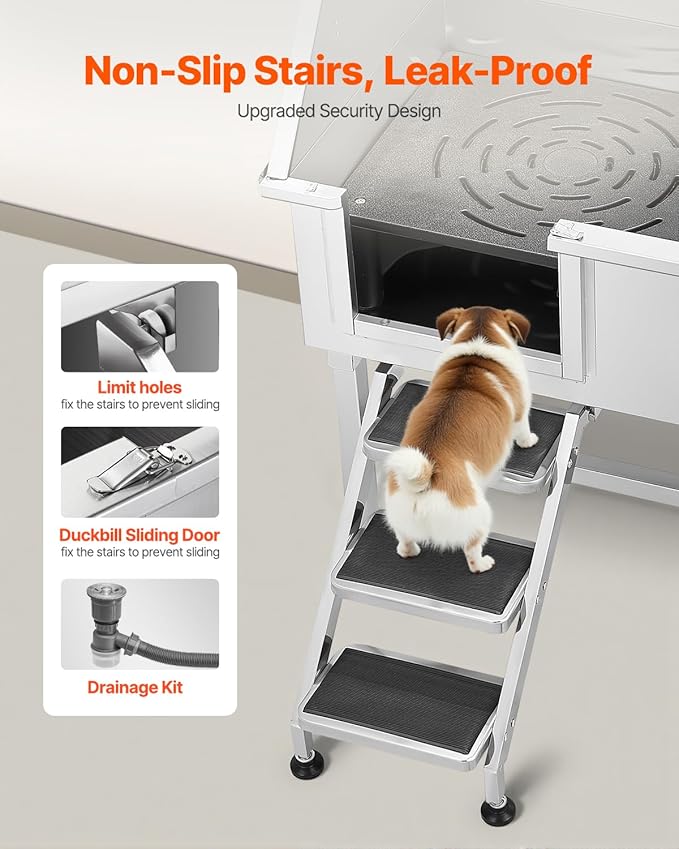 VEVOR 38 Inch Stainless Steel Dog Washing Station, Pet Grooming Tub with Hot & Cold Faucet, Showerhead, Home Wash Sink, Fits Small and Medium Cats and Dogs, Non-Slip Stairs (Left Door)