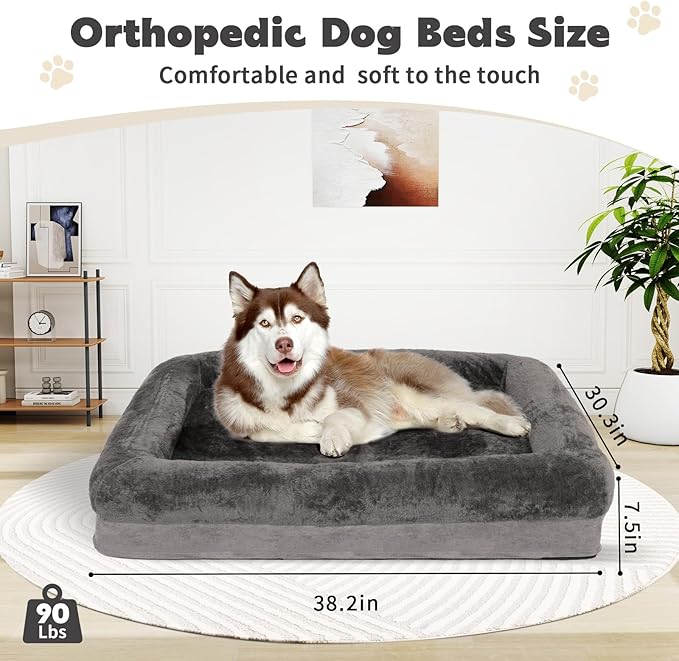 Dog Bed Waterproof Medium/Large Sized XL Foam Pet Beds Removable Washable Cover Dog Sofa Egg Crate Foam Support with Zipper Bottom Bolster Deluxe Plush Mat (Grey+38.2x30.3x7.5in)