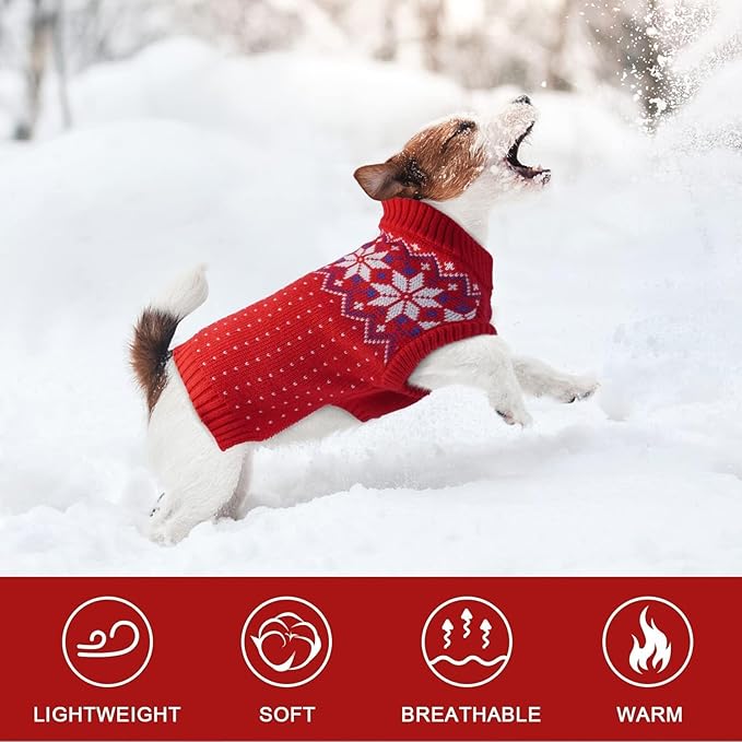 Kuoser Dog Christmas Sweater, Soft Warm Xmas Sweaters for Small Medium Large Dogs Boy Girl, Comfortable Dog Sweater with Leash Hole Snowflake Puppy Knit Outfit for Holiday Winter Fall, Red M