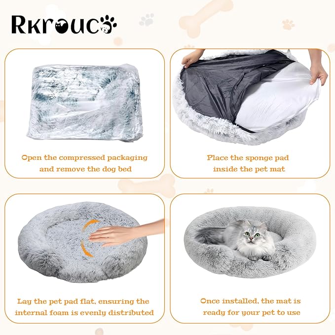 Fluffy Dog Bed Calming Donut Beds for Large Dogs Warming Round Small Medium Pet Nest Cozy Cat Mattress Indoor Washable Puppy Kennel Kittens Sleep Mat (M, 27.5×27.5 inch, Gradient Gray)