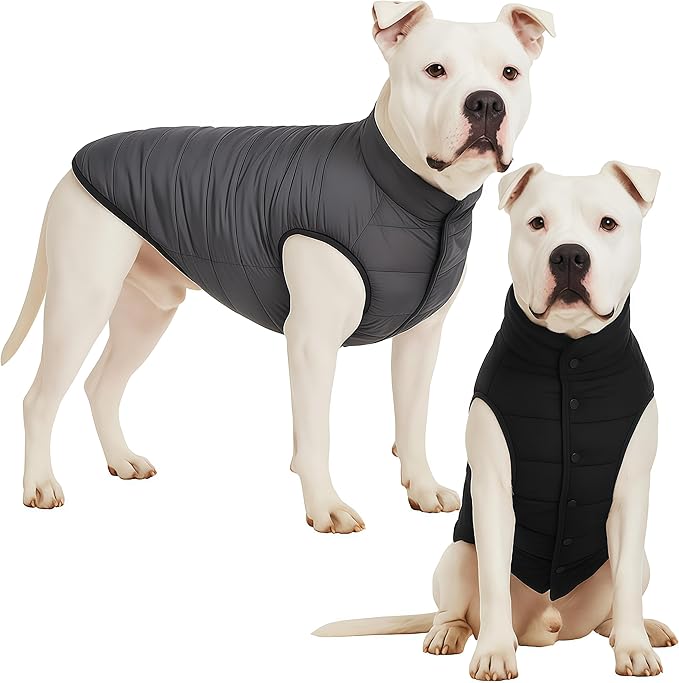 LovinPet Reversible Dog Puffer Coat for Medium & Large Dogs, Down‑Insulated Winter Jacket, Water‑Resistant & Wind‑Resistant, Anti‑Static, Dual-Sided Black & Grey for Cold Weather,L