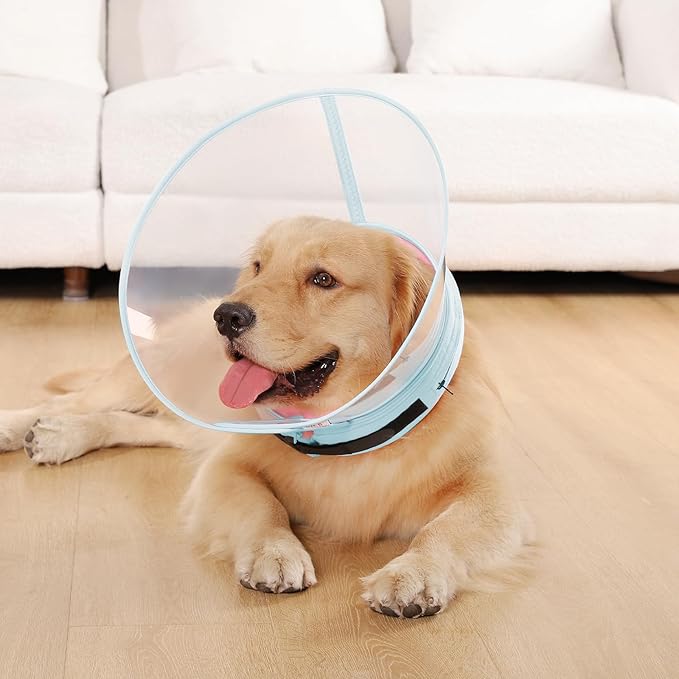Sponge Core Dog Cone, Inflatable Dog Cone Collar Alternative, Dogs Donut Collar After Surgery, Soft Cone for Large Medium Small Dogs to Stop Licking, No Inflation Required, Clear View(Size 3, Pink)