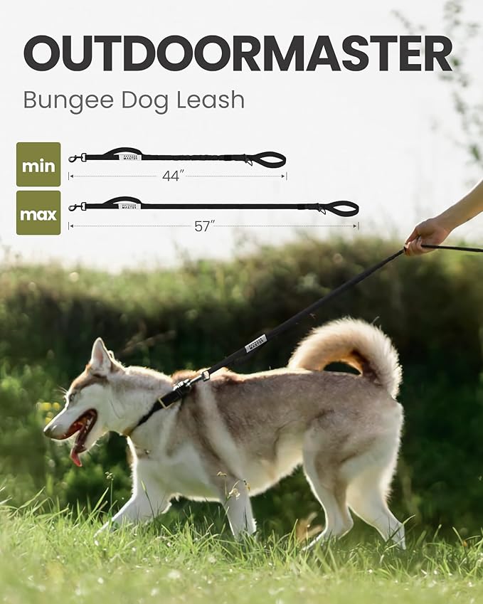 OutdoorMaster Bungee Dog Leash with Shock Absorption, 2 Padded Handles Training Leash, Improved Dog Safety and Comfort - Black Upgraded, 4 FT