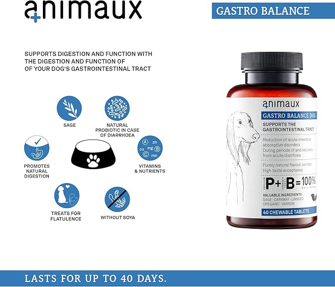 animaux – Gastro Balance for Dogs, Digestive Health Support and Probiotics, Brewer’s Yeast, Fennel, Helps to Relieve Diarrhea, Excess Winds, Irritable Bowel, 40 Chewable Tablets, 40 Days Supply