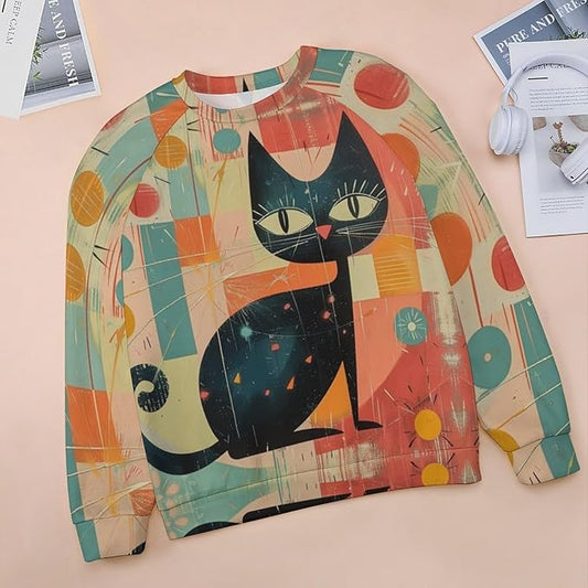 Biacolum Long Sleeve Shirts for Women Mid Century Retro Style Atomic Cat 3D Graphic Sweatshirts Fall Crewneck Pullover Top