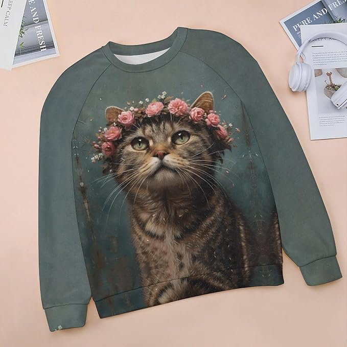 Womens novelty funny cat printed crewneck sweatshirt casual loose long sleeve graphic pullover sweatshirts tops