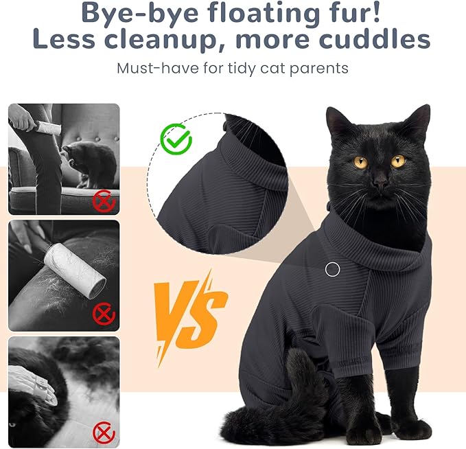 Yternal Sticky Hair Cat Clothes, Breathable & Lightweight, Reduces Shedding Fur Pajamas, Full Body Long Sleeve Surgical Bodysuit, Stop Licking & Shedding Darkgrey L