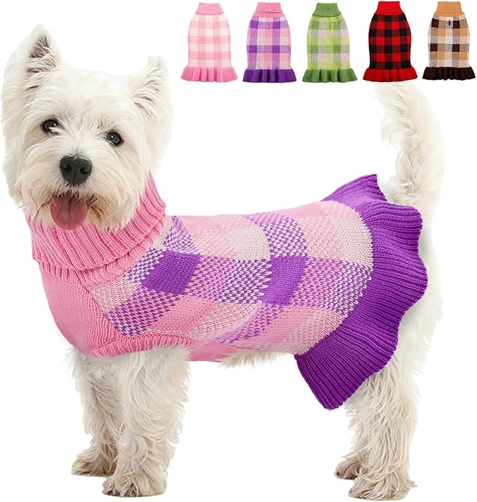 Dog Sweater Dress Plaid Knitwear for Small Medium Dogs Warm Puppy Pet Turtleneck Stretch Pullover Cute Fall Winter Vest Clothes with Leash Hole for Christmas (Purple, 2XL)