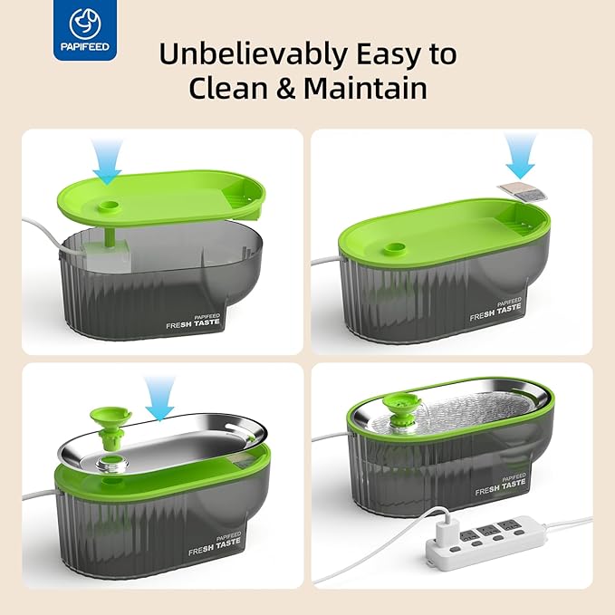 PAPIFEED Cat Water Fountain+ Stainless Steel Tray + 1 Silicone Mat+5 Filters+2 Sponges, 84 oz/2.5L Automatic Pet Drinking Fountain, Ultra Quiet Pet Fountain with Stainless Steel Tray, Easy to Clean