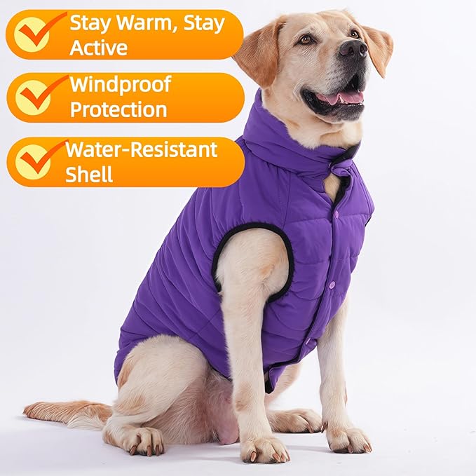 LovinPet Reversible Dog Puffer Coat for Medium & Large Dogs, Down‑Insulated Winter Jacket, Water‑Resistant & Wind‑Resistant, Anti‑Static, Dual-Sided Purple & Black for Cold Weather,L