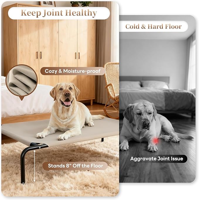Elevated Dog Bed for Large Dogs, Washable Raised Cot with Skid-Resistant Feet, Waterproof Cooling Dog Beds with Oxford Cloth, Indoor/Outdoor Use, Khaki 50in