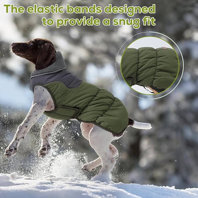EMUST Dog Winter Coat, Thicken Fleece Lining Dog Snow Jacket Vest for Winter with Turtleneck, Adjustable Pet Puffer Jacket Snowsuit for Cold Weather, Green XL