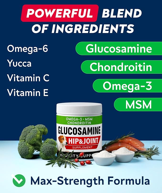 Glucosamine Treats for Dogs - Hip & Joint Supplement w/Omega-3 Fish Oil - Chondroitin, MSM - Advanced Mobility Chews - Joint Pain Relief - Hip & Joint Care - Bacon Flavor - 180 Ct - Made in USA