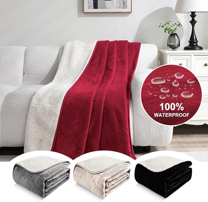 Waterproof Blanket for Couples – Ideal for Couch & Bed Splash Proof Sherpa Throw, Leakproof TPU Layer, Stain Resistant Washable Bed Protector – Burgundy, 80"x60"