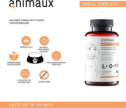 animaux - Omega Complete for Dogs Fish Oil Tablets, Omega 3,6 & 9 Fatty acids to Support Vitality, Bone Structure, Barf Supplement, Salmon Oil for Skin & Coat, 50 chewable Tablets, 100 Days Supply