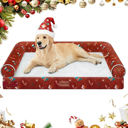 Large Dog Bed Orthopedic Washable: Christmas Pattern Big Dogs Beds with Bolster Puppy Sofa Couch Waterproof Removable Cover - Red