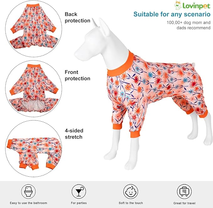LovinPet Large Dog Clothes Female, Long Sleeve Shirt for Dogs, Anti Licking Dog Pajamas,Stretchy Comfy Fabric, Wildflowers Flame Print, Pajamas for Pitbulls, Onesies for Dogs, Pitbull Clothes, XL