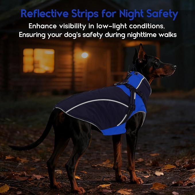ASENKU Reflective Dog Coat with Built-in Harness, Windproof Fleece-Lined Dog Jacket for Small, Medium, Large Dogs, Warm Winter Vest with Turtleneck & Zipper (Navyblue M)