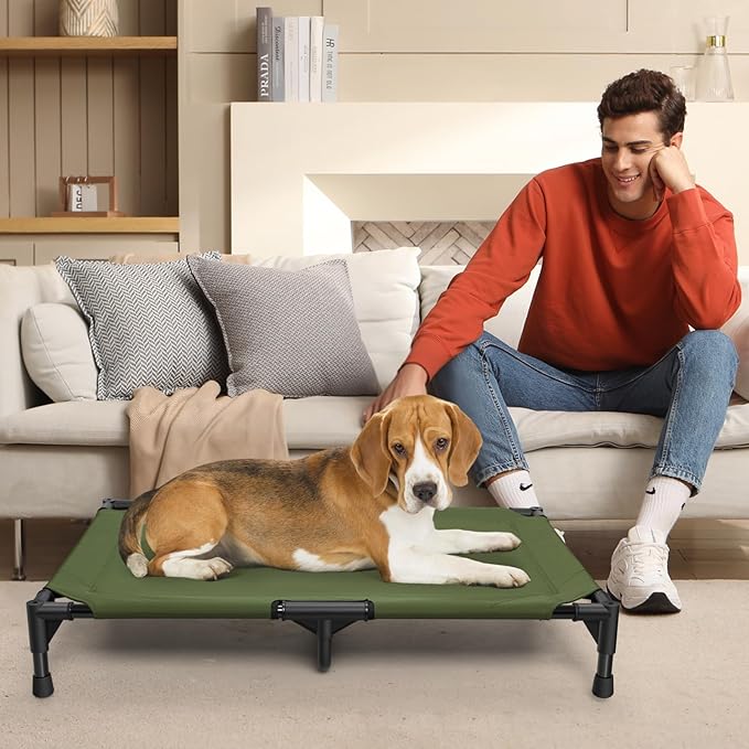 Love&go Elevated Dog Bed with Metal Frame, Cooling Raised Pet Cot for Dog and Cat (M - Olive Green Bed, Medium-29.9x19.5x5.5 inch)