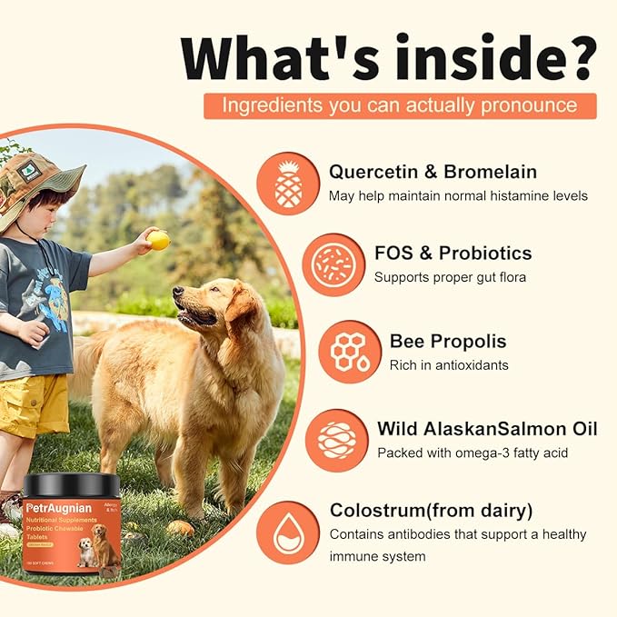 Allergy & Itch Relief for Dogs | Allergy, Itchy Skin & Immune Support with Salmon Oil, Quercetin, Colostrum and Probiotics -Nutritional Supplements 100 Soft Chews