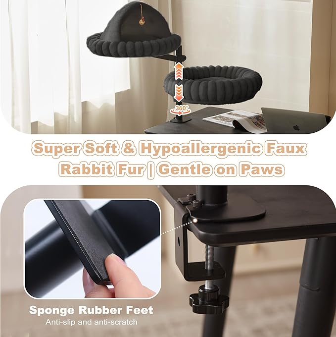 Dogpals 2-in-1 Cat Desk Bed: 360° Rotating & Height Adjustable Cat Tree with Semi-Enclosed & Open Layers, No-Drill Clamp for Desk up to 1.18" Thick, Supports 9lbs for Office