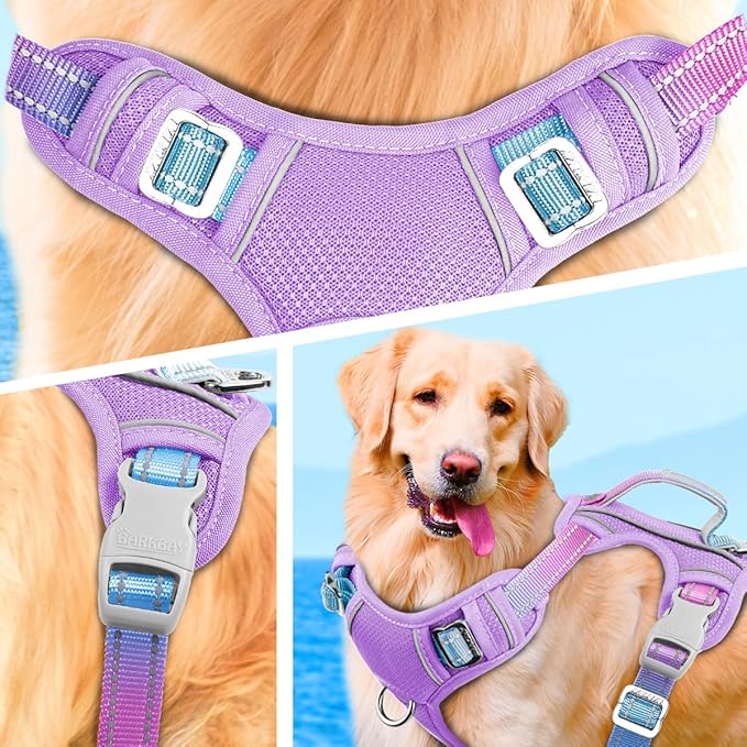 BARKBAY No Pull Dog Harness Large Reflective Dog Harness with Front Clip and Easy Control Handle for Walking Training Running with ID tag Pocket(Lavender Sky,M)