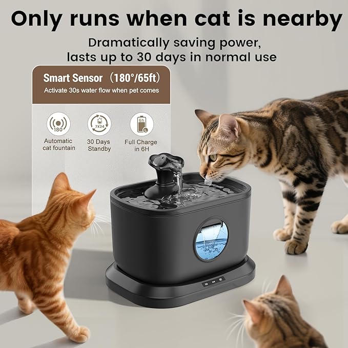 Cat Water Fountain, Radar Sensing Cordless Water Fountains for Cats Indoor, Battery Operated Wireless Pump, Premium Multi-Layer Filter 2.5L/84oz Quiet Automatic Pet Dispenser, Black