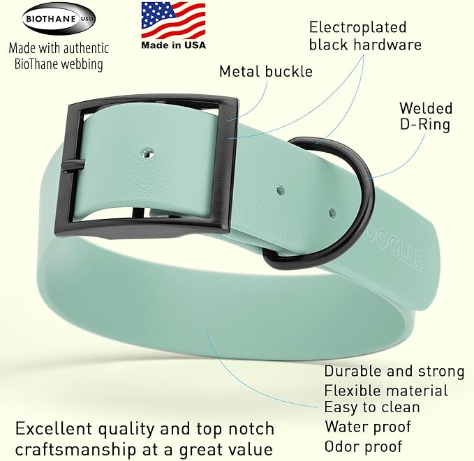 Dogline Biothane Coated Webbing Dog Collar with Black Metal Hardware: Durable Easy-Clean Everyday Collar for Dogs - Comfortable Adjustable Odor-Resistant Pet Collar, W1.5 x L24-28", Sage Green