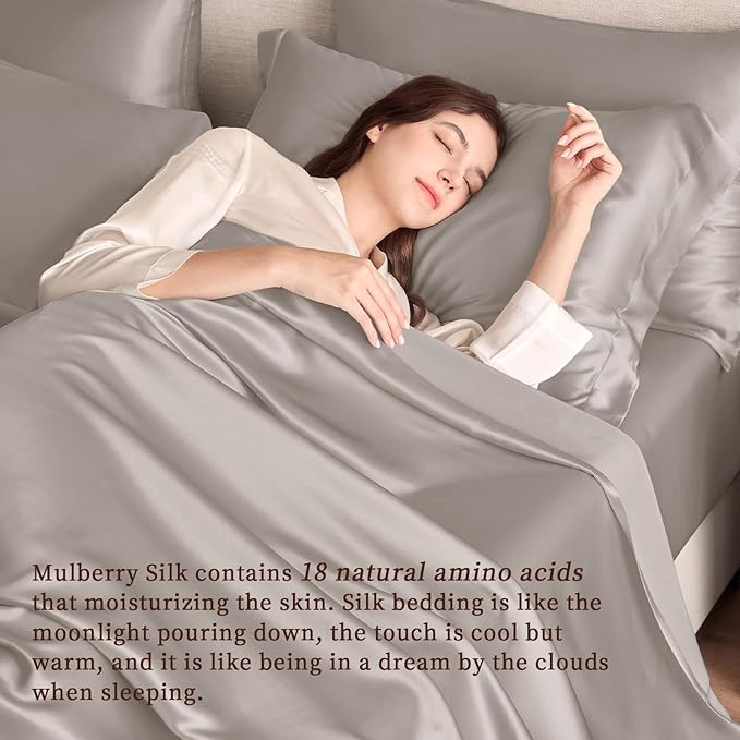 THXSILK Silk Sheet Set 4Pcs, 6A+ Top Grade 100% Natural Mulberry Silk Bed Sheets, Luxury Bedding Sets Ultra Soft Durable Safe Material, 1 Fitted Sheet, 1 Flat Sheet and 2 Pillow Shams (Full, Grey)