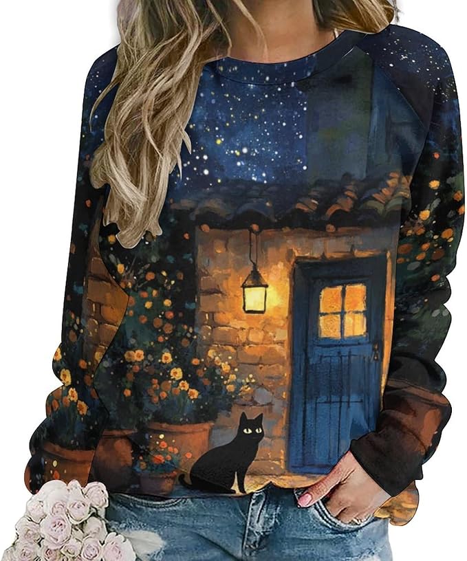 Womens novelty funny cat printed crewneck sweatshirt casual loose long sleeve graphic pullover sweatshirts tops