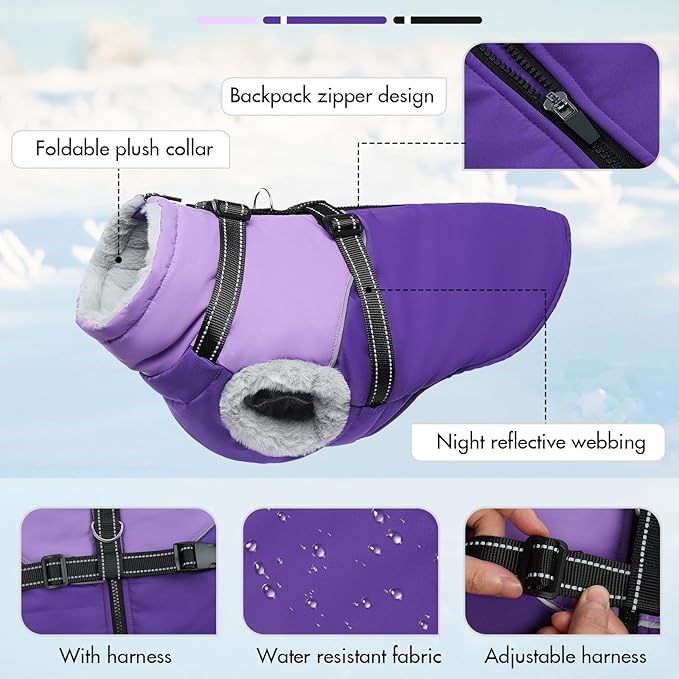 Warm Dog Coats for Large Dogs, Dog Coat with Harness, Warm Dog Coat, Dog Coat Waterproof Windproof Zipper, Fleece Lined Dog Coat, Dog Puffer Jacket, Dog Snow Jacket,Winter Coats for Dogs