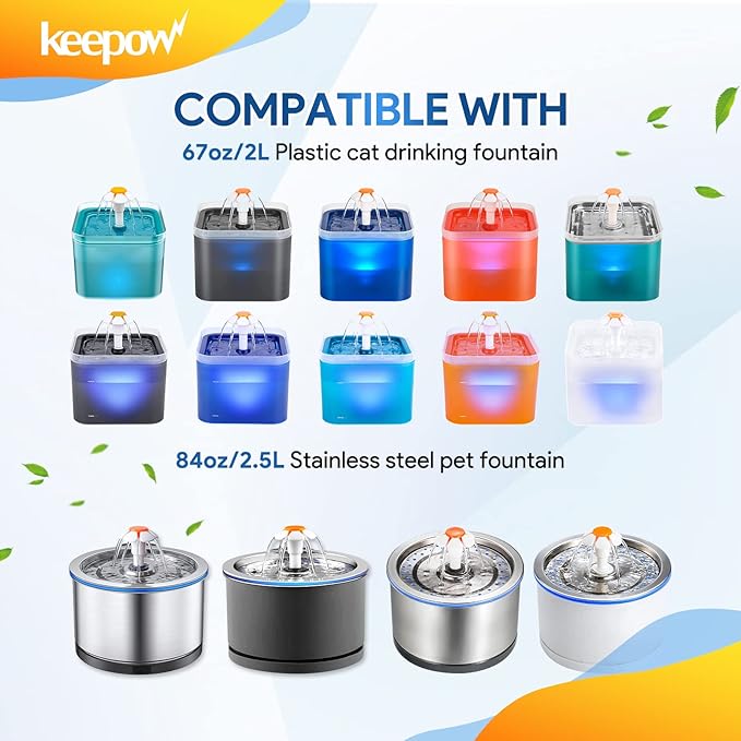 KEEPOW Pet Fountain Filter Replacement for 67oz/2L & 84oz/2.5L - 6 Pack Cat Fountain Filter Compatible With Plastic & Stainless Steel