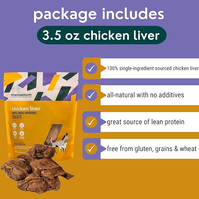 Momentum Carnivore Nutrition Freeze-Dried Chicken Liver Dog Treats & Cat Treats – Single-Ingredient, High-Protein, Grain-Free, Naturally Flavorful – Made in USA – 3.5 oz Bag