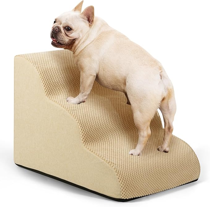 Dog Ramp and Stairs for Small Dogs & Cats,3-Step Pet Stairs for Couch Sofa and Chair,Indoor Anti-Slip Dog Stairs for Old Cats and Puppy,Khaki