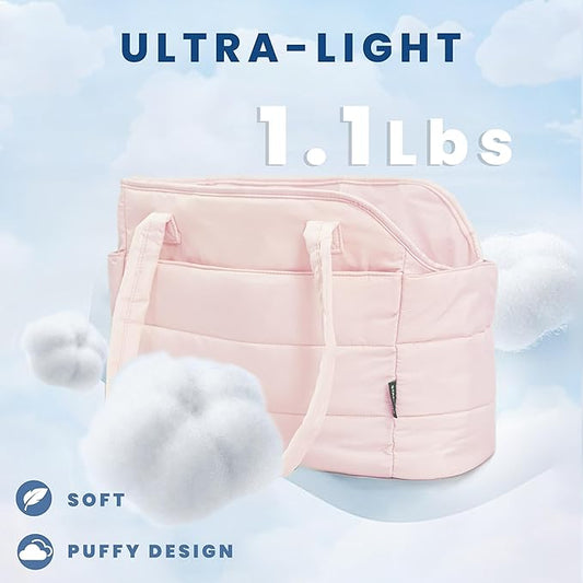 Lightweight Dog Purse Carrier for Small Dogs Under 15 lbs, Puffy Quilted Pet Carrier Tote for Puppies with Safety Leash Clip, Women's Hands-Free Dog Carrier Bag for Travel/Shopping (Pink)
