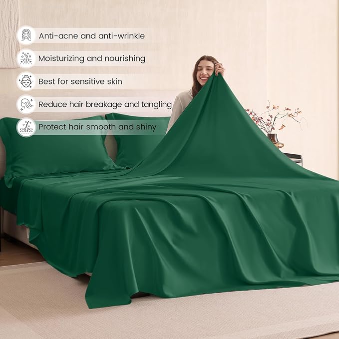 THXSILK Silk Sheet Set 4Pcs, 6A+ Top Grade 100% Natural Mulberry Silk Bed Sheets, Luxury Bedding Sets Ultra Soft Durable, 1 Fitted Sheet, 1 Flat Sheet and 2 Pillow Shams (Queen, Emerald Green)