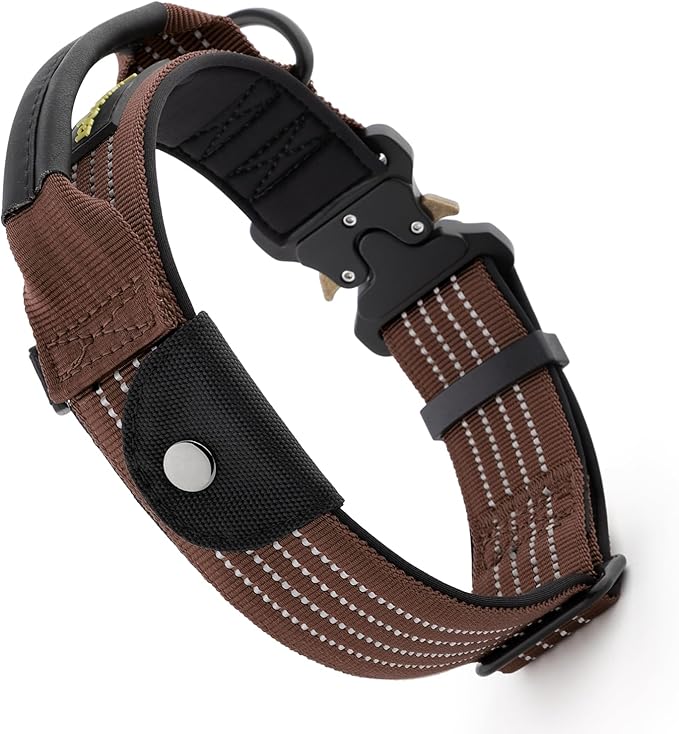 Plutus Pet Tactical Dog Collar with Tracker Pocket for AirTag, Adjustable Reflective Nylon Collar, Metal Buckle, Leather-Wrapped Handle, Soft Padded for Medium Large Dogs (Chocolate, L)