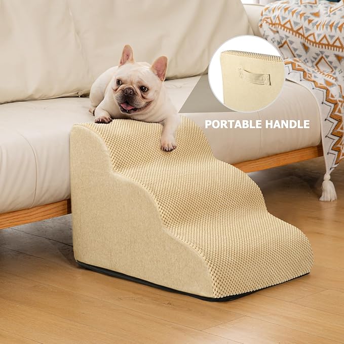 Dog Ramp and Stairs for Small Dogs & Cats,3-Step Pet Stairs for Couch Sofa and Chair,Indoor Anti-Slip Dog Stairs for Old Cats and Puppy,Khaki