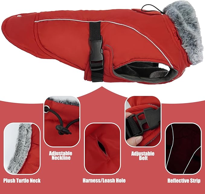 DENTRUN Winter Warm Dog Coat Reflective Jacket with Turtleneck for Cold Weather, Adjustable Buckle Windproof Water Repellent, Thick Snowsuit Fleece Vest for Small, Medium, Large Dogs, Red, XXXL