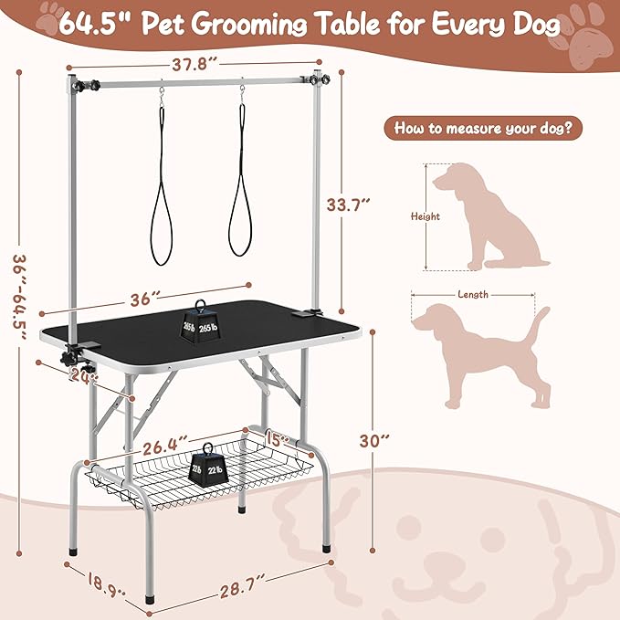 Yaheetech 36'' Pet Grooming Table for Dogs Adjustable Height Portable Trimming Table Drying Table w/Arm/Noose/Mesh Tray Maximum Capacity Up to 265Lb, Black
