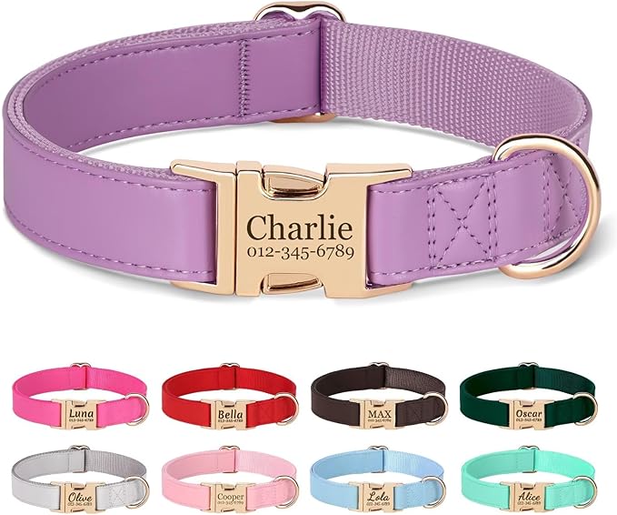 PET ARTIST Personalized Dog Collars, Custom Dog Collar with Engraved Silent Name Tag, Gold Quick Released Buckle & Soft Nylon Padded, 9 Colors & Matching Leash for Large Dogs,Purple,L Fit 16-27"