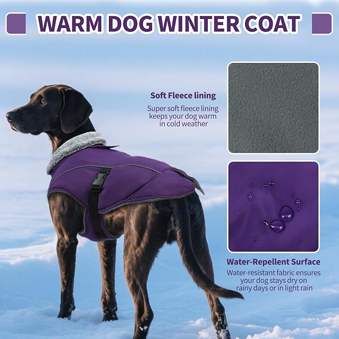 DENTRUN Winter Warm Dog Coat Reflective Jacket with Turtleneck for Cold Weather, Adjustable Buckle Windproof Water Repellent, Thick Snowsuit Fleece Vest for Small, Medium, Large Dogs, Purple, L