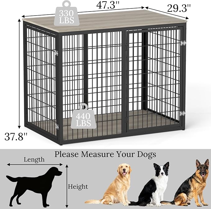 48" Dog Crate Furniture for Medium Large Dogs, Indestructible Large Dog Kennel Indoor with 3 Doors, Wooden Dog Cage Side End Table, Heavy Duty XL Dog Crate, Gray