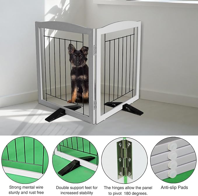 ZJSF Freestanding Dog Fence Indoor, Foldable Dog Gate for Doorways, Stairs or Hallways, Sturdy Wood Extra Wide Pet Gate with Support Feet for The House, Grey, 24 "Height-2 Panels