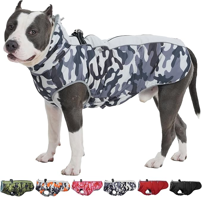 Dog Coat Dog Winter Jacke- XX Large, Warm Dog Coat Zip Up Snowsuit Dog Harness Vest Reflective Water-Resistant Dog Coat Dog Snow Jacket for Large Dogs Border Collie, Pit Bull, Grey-Camouflage