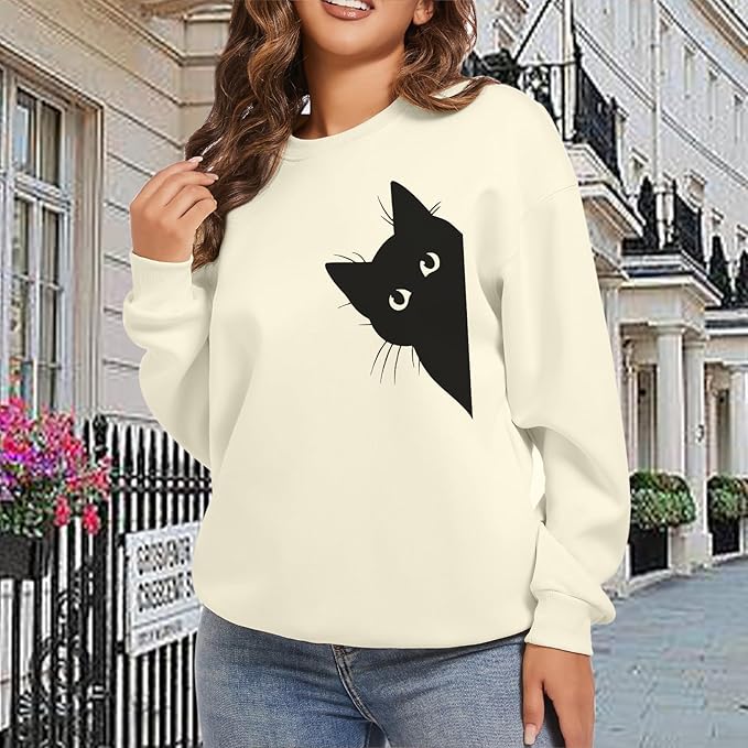 Cat Sweatshirts for Women Graphic Print Sweatshirt Funny Long Sleeve Shirt Cute Pullover Lightweight Hoodie Tops