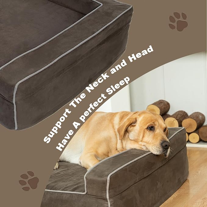 Orthopedic Foam Dog Beds for Large Dogs Up to 100 lbs, L Dog Couch with Bolster, Washable Pet Bed Sofa with Removable All-Over Water-Resistant Cover & Non-Slip Bottom(Large, Grey)