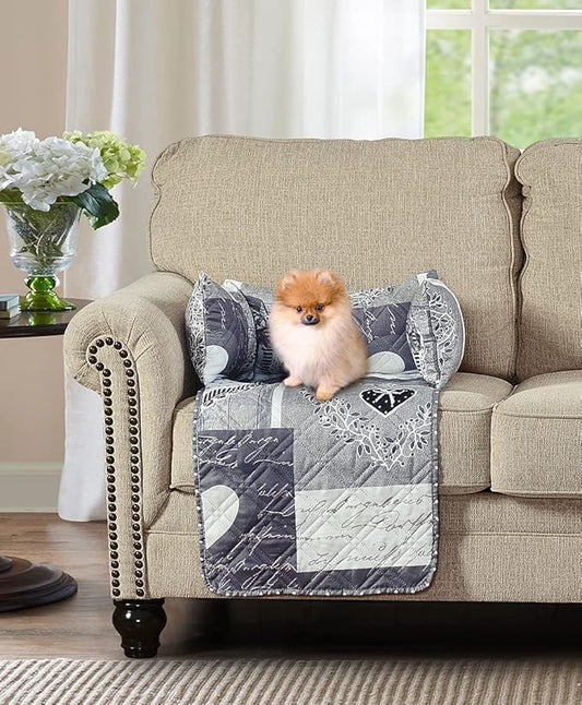 Brilliant Sunshine Quilted Calming Dog Bed Mat, Removable Washable Cover, Cushion Protector and Couch Covers for Dogs, Pets, Cats, Small, Grey Heart Love Patchwork