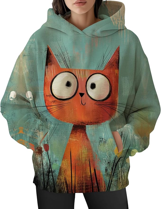 Womens Cat Print Hoodies Trendy Funny Cat Graphic Long Sleeve Sweatshirt Y2k Streetwear Hooded Pullover Tops